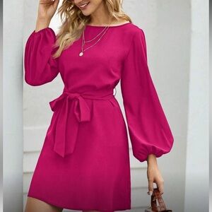 Lantern long sleeve belted mini dress pink